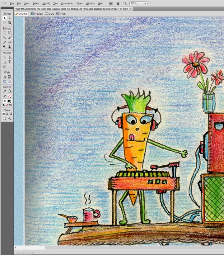 The Party Tree, when I reached the stage of scanning the drawing and then fixing a few stray pixels in Adobe Fireworks. (Monsters & Carrots project)